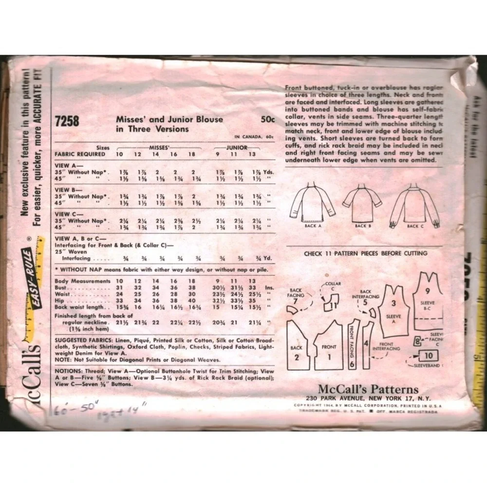 Vintage 1964 McCalls 7258 Sewing Pattern Misses Junior Blouse Raglan Sleeve 18